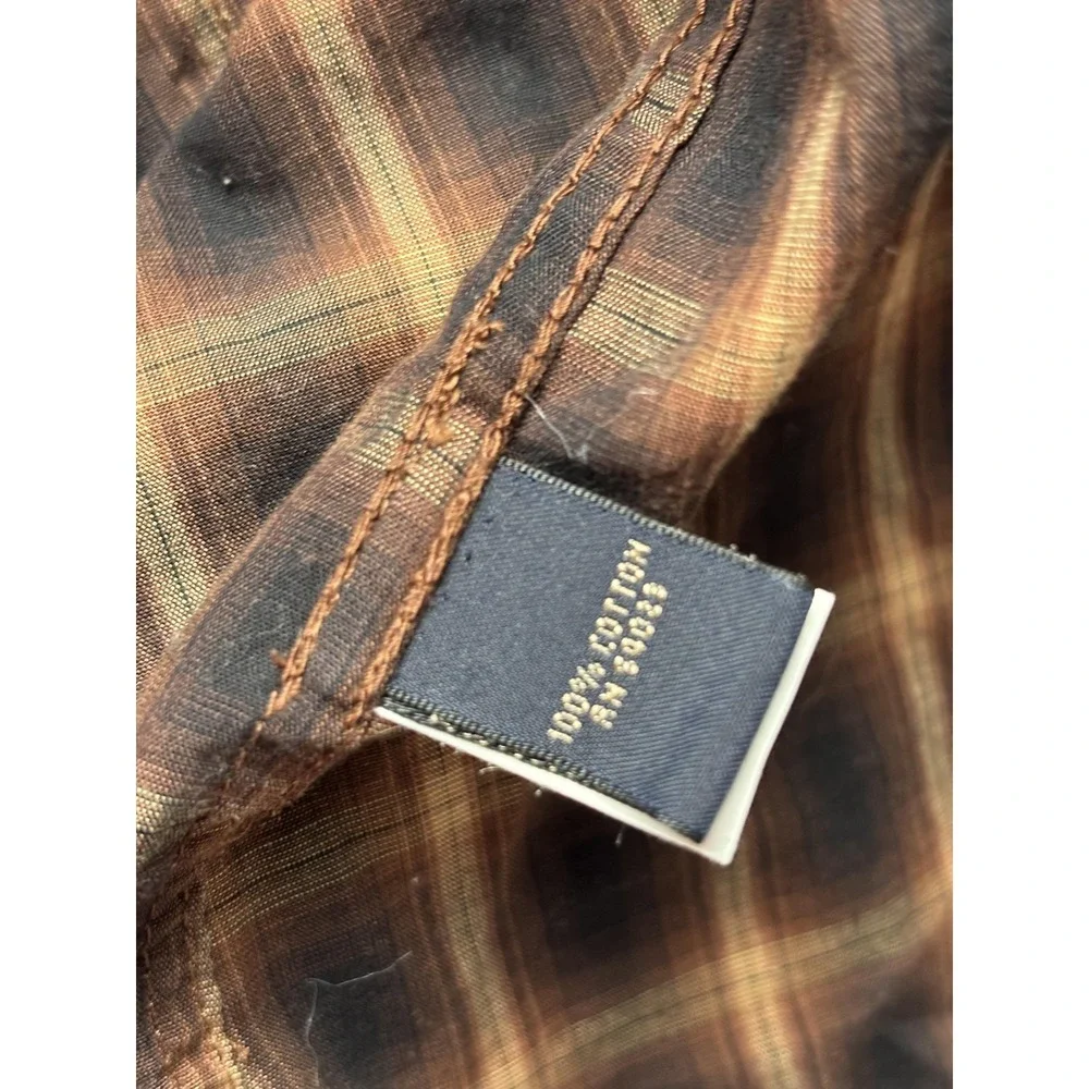 Banana Republic Shirt Mens XL Brown Plaid Western Pearl Snap Casual Long Sleeve